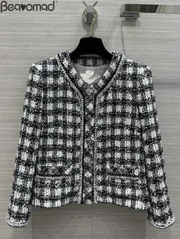 Bearomad, Новая весенне-осенняя дизайнерская куртка в винтажную клетку, пальто, женская однобортная прямая куртка с длинным рукавом