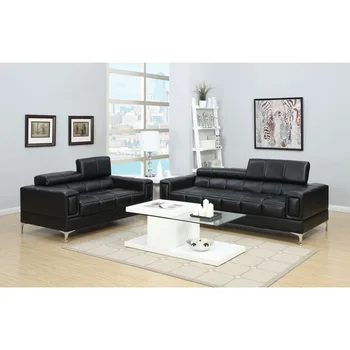 Черный диван из искусственной кожи для гостиной из 2 предметов, диван и диванная мебель для дивана Уникального дизайна, металлические ножки, Регулируемый подголовник