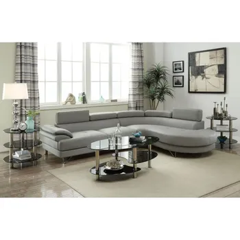 Секционный диван, комплект из 2 предметов, Серая искусственная кожа с откидывающимся подголовником для гостиной, современный удобный Большой диван для отдыха, мягкий диван