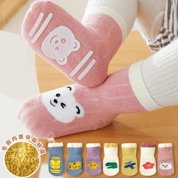 Детские носки с мультяшным принтом, утепленные детские хлопчатобумажные носки, гольфы, нескользящие носки для новорожденных малышей