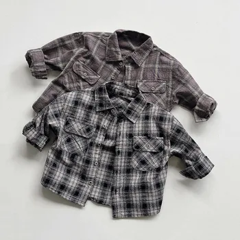 Осенняя универсальная рубашка в клетку с длинными рукавами в стиле ретро для мальчиков и девочек, модные повседневные блузки с карманами для малышей, топы, пальто