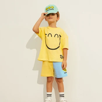 Menoea/ Комплекты летней повседневной одежды для маленьких мальчиков, детская новая футболка с принтом улыбки + свободные шорты, костюмы из 2 предметов, детский спортивный костюм, наряды