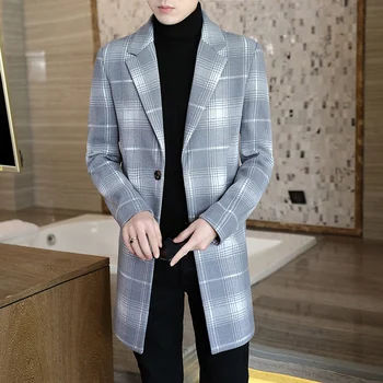 2021 мужская осенне зимняя высококачественная брендовая модная шерстяная куртка мужская длинная клетчатая тонкая повседневная шерстяная куртка с лацканами, костюм, воротник, куртка