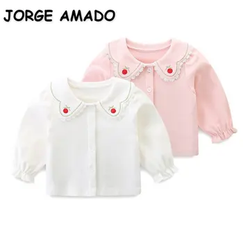 Корейский стиль, Новые осенние рубашки для маленьких девочек С длинными рукавами, Бело-розовые блузки с отложным воротником с вышивкой, Одежда для новорожденных E3001