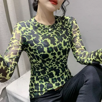 Сетчатая леопардовая футболка, женская тонкая винтажная футболка с круглым вырезом, женская эластичная обтягивающая футболка с длинным рукавом в стиле ретро, тонкая Весна-осень 2022 г.