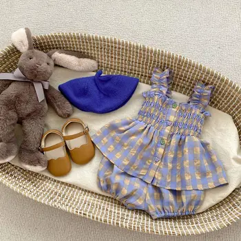 Летние комплекты одежды для новорожденных девочек, клетчатый топ без рукавов + шорты, модная одежда для малышей, костюм