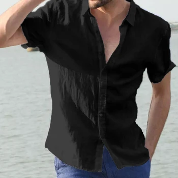 Мужская летняя однотонная рубашка-кардиган, топы с коротким рукавом, блузка, тройники, повседневная пляжная льняная хлопчатобумажная рубашка, мужская одежда