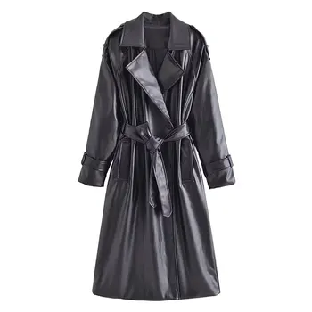 Женская Новая мода 2023 года С поясом, тренч из искусственной кожи, Винтажные карманы с длинными рукавами, Женская верхняя одежда, Шикарное пальто