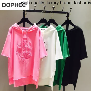 Летняя женская новая футболка с вышивкой, свободные толстовки, топы средней длины с коротким рукавом, универсальные студенческие футболки, Корейская женская футболка