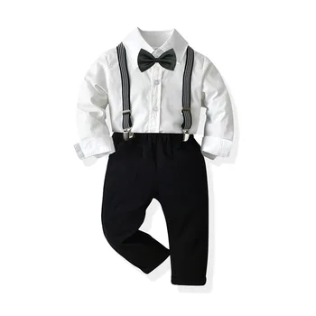 Одежда джентльмена для мальчиков, костюмы для малышей, высококачественная однотонная праздничная одежда для мальчиков, рубашка с бабочкой на подтяжках, черные брюки, 2 года,