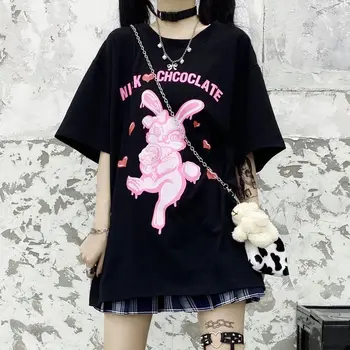 Уличная одежда, топы, женская футболка ulzzang Harajuku, винтажная готическая футболка с принтом кролика, летние новые свободные повседневные женские футболки Оверсайз