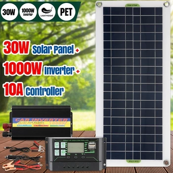 Солнечная энергетическая система 220V 1000W, Комплект солнечных панелей мощностью 30 Вт, Зарядное устройство 40/60 А, контроллер заряда солнечной батареи, Домашняя сетка, Телефонная панель для лагеря