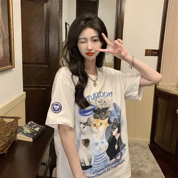 Свободная футболка с рисунком кота в стиле ретро, женские Корейские футболки Harajuku, топы, Японская одежда Kawaii Ulzzang для женщин