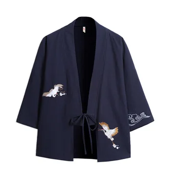 Мужской Тонкий кардиган с вышивкой, куртка, пальто, Кимоно, Летние хлопковые льняные топы, Дышащая рубашка, Повседневная Солнцезащитная одежда, Свободные пальто