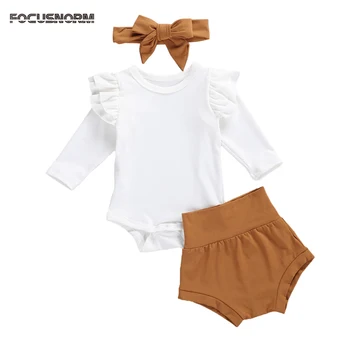 FOCUSNORM 0-18 м, комплекты одежды для новорожденных девочек, однотонные комбинезоны с длинными рукавами, Топы, Шорты, Повязка на голову, 3 шт.