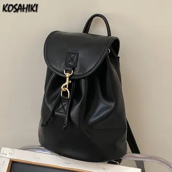 Черные винтажные школьные сумки из мягкой кожи 2023 Корейские универсальные женские сумки Y2k, школьный рюкзак большой емкости для студентов колледжа