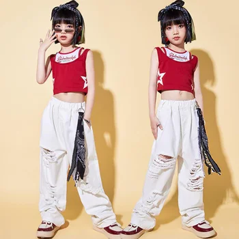Детская концертная уличная одежда в стиле хип-хоп, красный жилет, топы, Белые джинсовые брюки для девочек, костюм для джазовых танцев, одежда для подростков