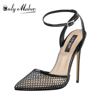 Onlymaker/ Женские пикантные сетчатые туфли-лодочки с прозрачным ремешком на щиколотке и острым носком длиной 10 см, черные босоножки на шпильке, летняя обувь с откидывающейся спинкой.