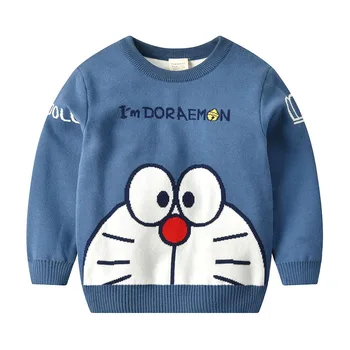 Осенне-зимние свитера для маленьких мальчиков и девочек, детские свитера Doraemon с модной мультяшной вышивкой, утолщенный шерстяной свитер, пальто, детская одежда