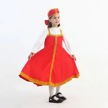 Национальная традиционная одежда Танцевальный костюм Русской девушки Красная Народная вечеринка Маскарадное платье на Хэллоуин Детская сцена Детское представление