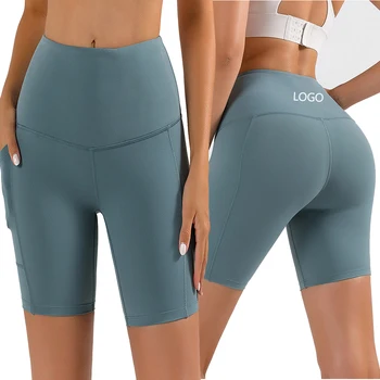 Новые брюки для йоги с пользовательским логотипом, женские короткие спортивные эластичные леггинсы с высокой талией, Летние с карманами, брюки для фитнеса большого размера