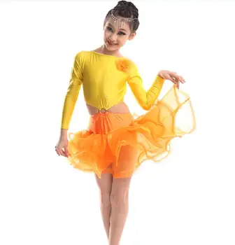 Платье для латиноамериканских танцев из эластана с длинными рукавами и бриллиантами для девочек, высококачественные детские костюмы для бальных танцев на сцене, детские костюмы для бальных танцев
