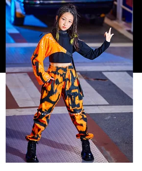 Оранжевый джазовый танцевальный костюм с блестками для девочек, одежда для выступлений в стиле хип-хоп, детская одежда для танцоров, праздничная одежда