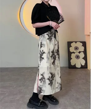 Плюс размер 3Xl 4Xl Улучшенное китайское платье с черным воротником-стойкой, Ципао, женские бамбуковые чонсамы с принтом, элегантные платья с пышными рукавами