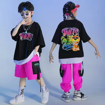 Детская одежда в стиле хип-хоп с принтом, черная футболка оверсайз, топ, уличная одежда, розовые брюки-карго для девочек и мальчиков, джазовый танцевальный костюм, Одежда