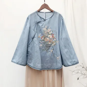 Традиционный женский Льняной Шифоновый топ в китайском стиле, рубашка, блузка, Винтажное Ретро, Этническое Сказочное Кимоно с вышивкой Тай-Чи, повседневное Hanfu