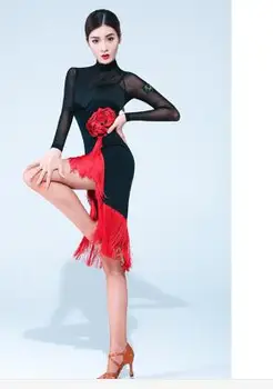 1 шт./лот, женское модное черное длинное платье для латиноамериканских танцев, женское платье в стиле пэчворк с кисточками, платье для танцев с цветочным рисунком
