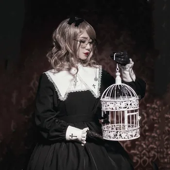 Готическое платье для женщин, Лолита, эмблема с черным крестом, темно-синий воротник, японский кавайный костюм для девочек, карнавальная вечеринка, придворная принцесса