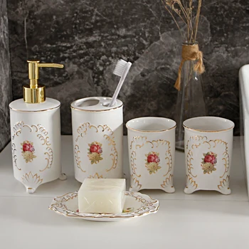 Креативный набор для мытья ванной из пяти частей, золотой флакон лосьона нажимного типа, чашка для полоскания рта, Мыльница, аксессуары для душа, дозатор мыла.