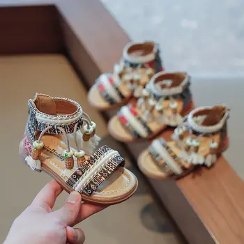 Сандалии для девочек, Новинка лета 2023, римские сандалии в стиле ретро в богемном стиле, Гладиаторская Нескользящая Дышащая детская обувь для девочек