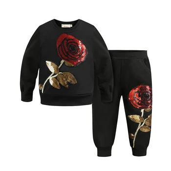 Детская футболка с цветами для девочек, брюки, детская одежда, весна-осень, модные свитшоты с пайетками и розами, комплект со штанами, одежда от 2 до 5 лет