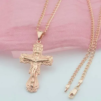 FJ Женские мужские большие ювелирные изделия из розового золота 585 пробы с подвеской в виде креста, Дополнительное ожерелье