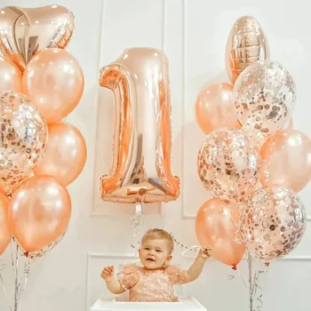 17шт Воздушных шаров из фольги с номером из розового золота, Первое Украшение с Днем Рождения для взрослых и детей, для мальчика и девочки, для вечеринки на 1 год, Декор гирлянды