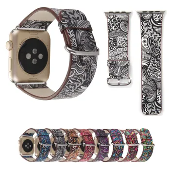 Красочный Ретро Цветочный Ремешок для часов Apple Watch Band с Цветочным Принтом Кожаный Ремешок для часов iWatch 42 мм 38 мм с Разъемом