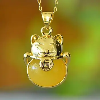 Ожерелье с подвеской Lucky Money Cat из натурального янтаря, женские ювелирные украшения, Подлинный балтийский Желтый янтарь, Талисманы с золотым котенком, Амулеты