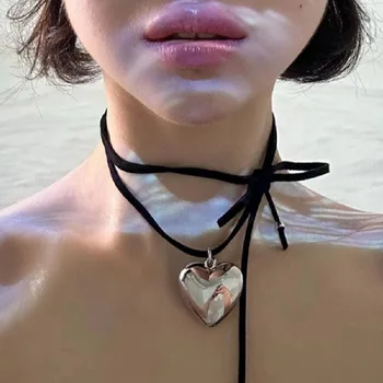 Металлическая подвеска в виде сердца, Кожаная Веревочная цепочка на шею, Милое и крутое ожерелье, Цепочка-ошейник, женские украшения