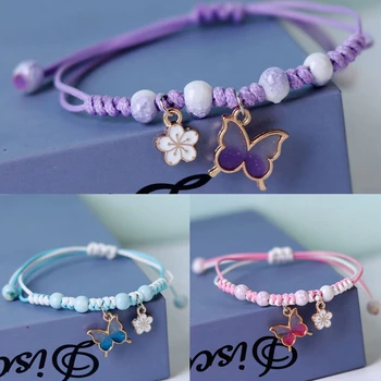 Новый Модный Браслет ручной работы с фиолетовым цветком-бабочкой Для женщин, Очаровательные Милые Подвески с животными, Плетеные браслеты, ювелирные изделия для браслетов