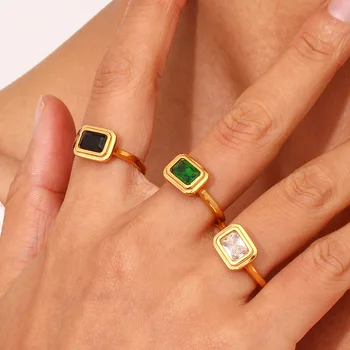 Литое Квадратное кольцо с цирконом французского темперамента из нержавеющей стали, Новое Модное кольцо с 18-каратным золотым покрытием для женщин, Водонепроницаемые ювелирные изделия в подарок