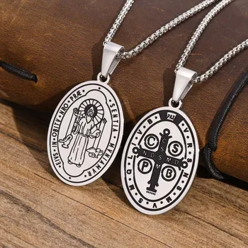 Двусторонняя коррозия Святого Бенедикта, овальное ожерелье с подвеской для мужчин, религиозные украшения из нержавеющей стали для него