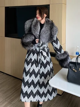Зимнее приталенное пальто с воротником из меха чернобурки 2023 года, женское длинное пальто с поясом, согревающее