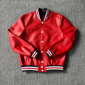 Износостойкая куртка из телячьей кожи первого слоя, мужская и женская бейсбольная форма, короткое и простое пальто из красной коровьей кожи