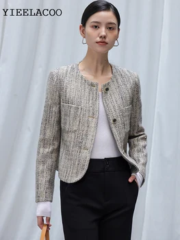 Серая твидовая женская куртка, короткое Маленькое Ароматное цельнокроеное весенне-осенне-зимнее шерстяное пальто, новая классическая женская куртка