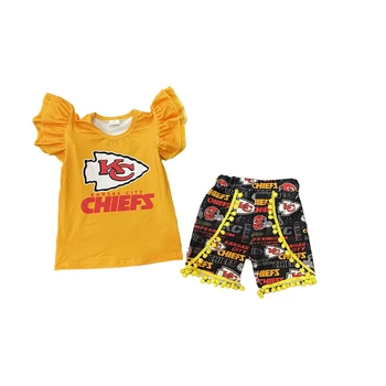Детский комплект с принтом KC, желтые шорты с коротким рукавом, Летний бутик детской одежды Оптом