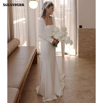 Элегантное Свадебное платье 2023 Атласное платье-футляр для невесты с белым Квадратным воротником и широкими рукавами со шлейфом