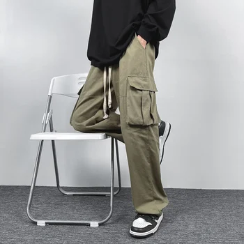 Свободные прямые брюки-карго с большим карманом, 100% хлопок, мужские летние повседневные прямые брюки в японском ретро стиле, уличная одежда, мешковатые брюки