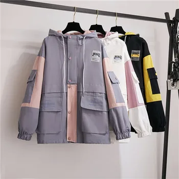 Куртка женская осенняя новая Корейская уличная одежда Harajuku, товары BF, винтажная мода, свободная повседневная женская куртка с капюшоном и длинными рукавами